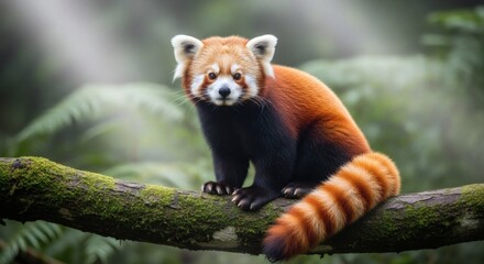 Naklejka premium A red panda sits on a mossy branch in a lush forest, looking directly at the camera with a curious expression