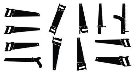 Collection of black and white hand saws in various arrangements
