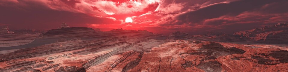 Obraz premium Mars at sunset, panorama of Mars, alien landscape, a panorama of a surface of another planet, 3D rendering