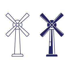 Fototapeta premium Two simplified illustrations of wind turbines in outline and filled silhouette styles