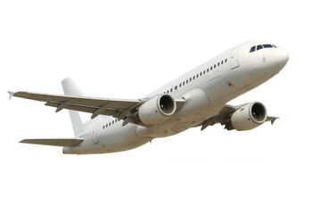 Obraz premium White passenger airplane flying, taking off, unbranded commercial jet aircraft on transparent background