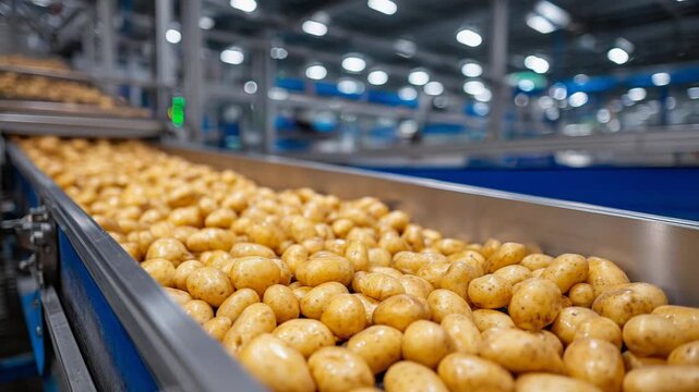 A close-up view of golden-brown potatoes on an automated sorting line highlights the efficiency of modern agriculture with glistening stainless steel chutes under bright warehouse lights.