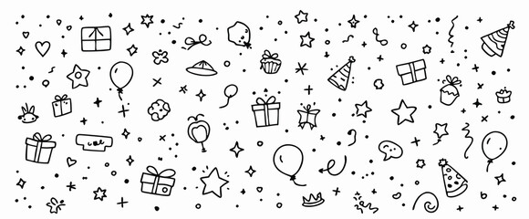 Hand drawn birthday party elements isolated on white background, including gifts, balloons, stars, confetti, and party hats