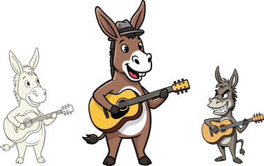 Cartoon donkeys playing guitars illustration, funny musical animal characters performing together in vector style, cute and entertaining design on white backgroundCartoon donkeys playing guitars