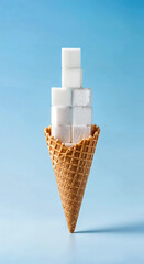 Waffle Ice Cream Cone Filled with Stacked Sugar Cubes on Light Blue Gradient Background for Conceptual Food Visual
