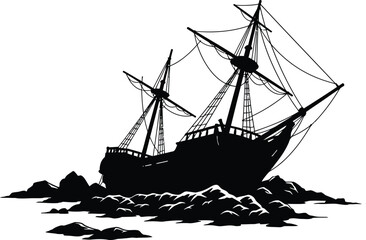 Silhouette of a tall ship stranded on rocks illustration shipwreck maritime nautical adventure flat design vector illustration white background