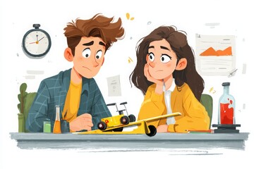 A cartoon style depiction of a frustrated couple, looking at a failed paper airplane project, in a cluttered workspace, representing creative block and deadline stress.
