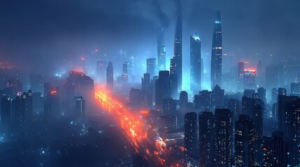 Fototapeta premium Futuristic Cityscape at Night with Glowing Lights and Foggy Atmosphere