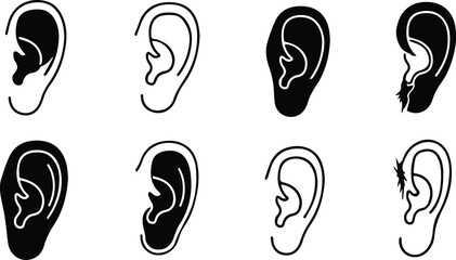 Vector art of set of ear illustrations representing hearing, listening, and the importance of communication in our daily lives