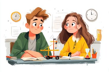 A charming cartoon illustration of a boy and girl studying together at a desk, with books, a clock and school supplies, sharing knowledge with patience.