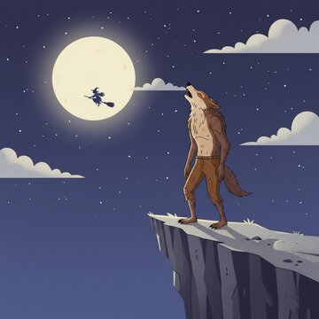 Werewolf Howling on Cliff under Full Moon with Witch Silhouette
