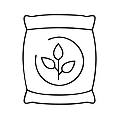 Vector art of a simple line art icon representing a bag of fertilizer with a plant sprout symbol on it, isolated on a