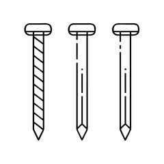 Vector art of three distinct types of nails shown in a line one with a spiral shank, and two with smooth shanks, , for hardware and construction
