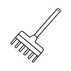 Vector art of a simple black and white line drawing of a garden rake, isolated on a this tool is used for gathering leaves or smoothing soil