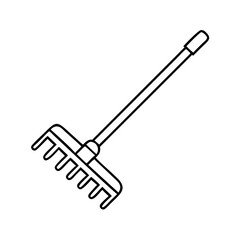 Vector art of a simple black and white line drawing of a garden rake, isolated on a this tool is used for gathering leaves or smoothing soil