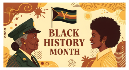 Black history month celebration with diverse individuals and symbolic flag, honoring heritage and achievements isolated on transparent background