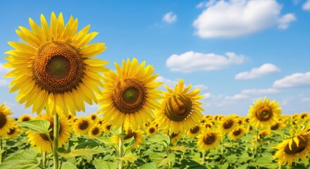 Field of sunflowers under a blue sky