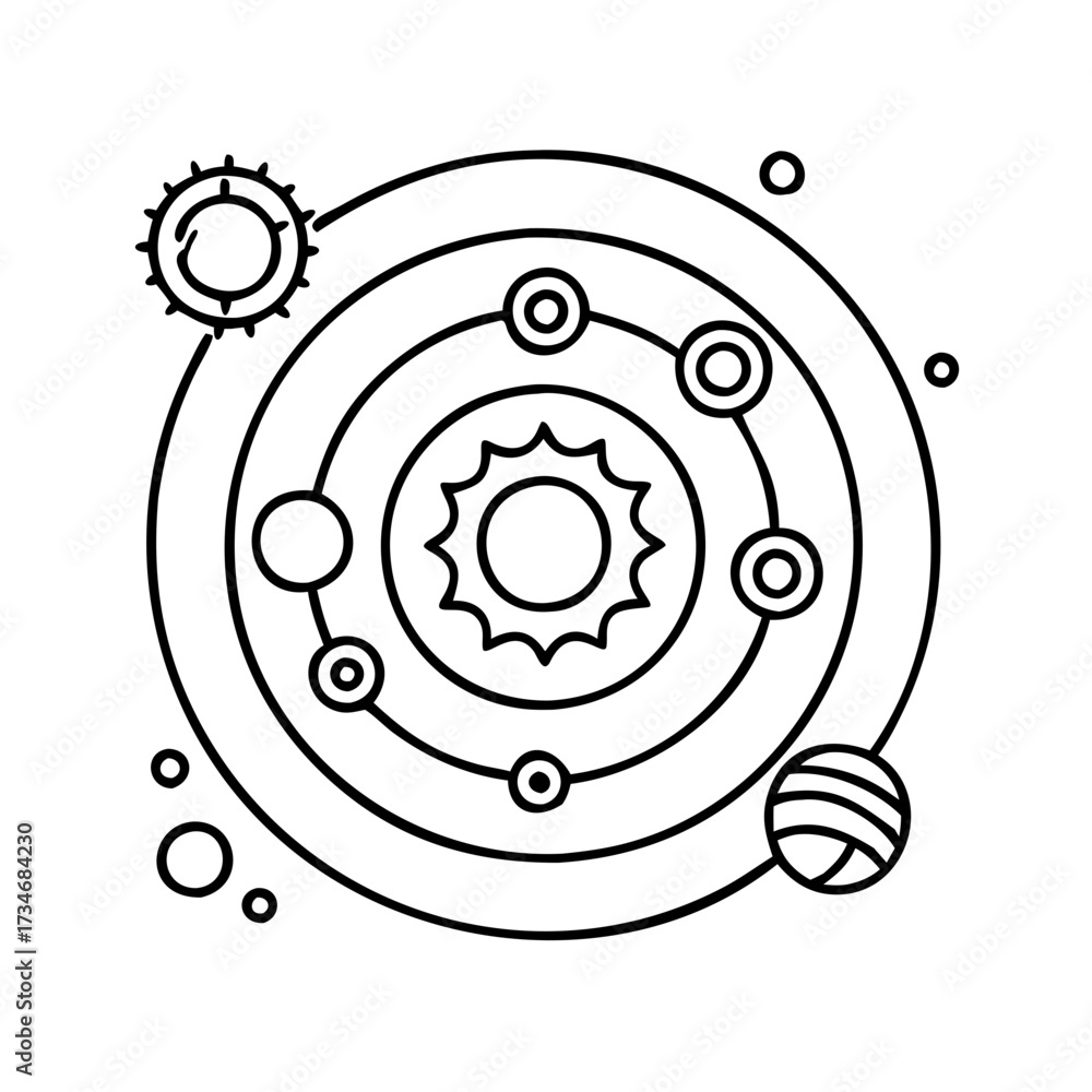 Wall mural vector art of abstract representation of a solar system with concentric orbits and celestial bodies