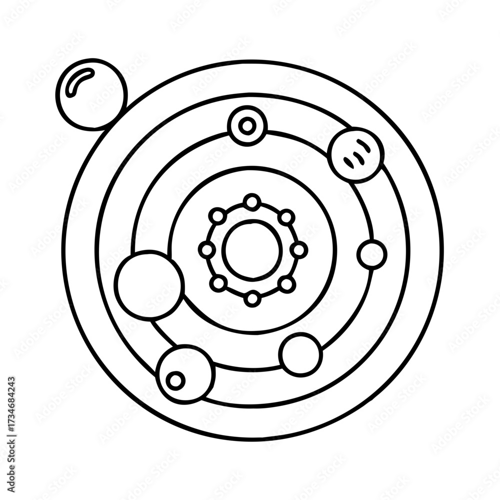 Sticker vector art of minimalist line drawing of a planetary system with a central star and orbiting bodies