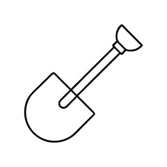 Vector art of a minimalist black and white line art icon of a shovel, representing tools, gardening, and construction, isolated on a clean