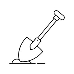 Vector art of a black and white line drawing of a shovel digging into the ground, symbolizing work, gardening, or construction activities