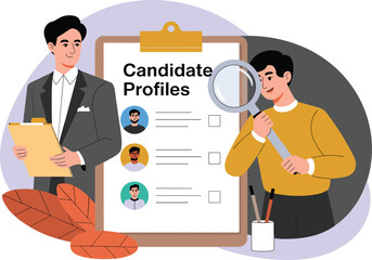 Hiring Managers Reviewing Candidate Profiles on a Large Clipboard with a Magnifying Glass, Representing Recruitment, Talent Search, and HR Management Vector Illustration.