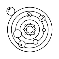 Vector art of minimalist line drawing of a planetary system with a central star and orbiting bodies