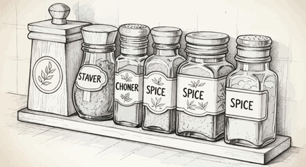 Spice containers, jars, and wooden box in a sketch style