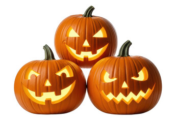 Three halloween jackolanterns isolated on transparent background, carved with spooky faces, glowing, perfect for halloween decorations and designs