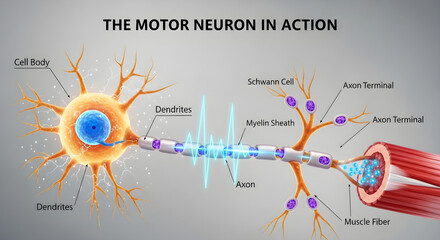 Labeled diagram of a motor neuron and neuromuscular junction.