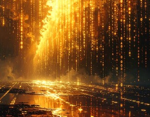 Abstract digital landscape of data streams in golden and ethereal illumination