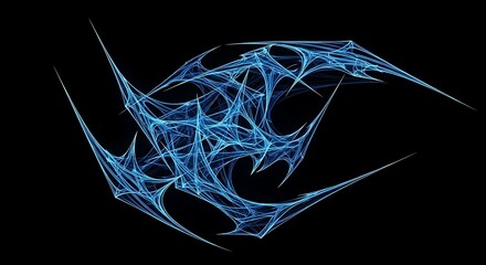 Abstract blue fractal design with sharp edges and intricate web like structure on a black background