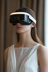 Businesswoman using VR headset to view AI project data