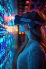 Businesswoman using VR headset to view AI project data