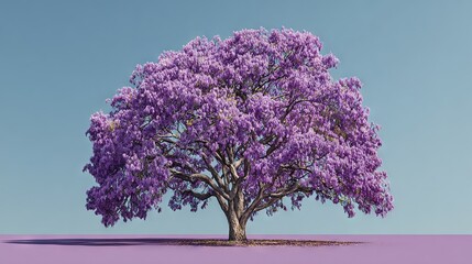 Obraz premium A purple tree stands tall in the midst of a lush purple field, its branches reaching towards the endless blue sky above