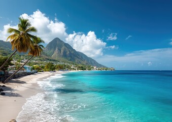 A picturesque tropical beach scene showcases a vibrant turquoise ocean, a pristine white sand shore, and lush green hills, under a bright sunny sky.