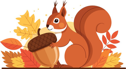 Cheerful squirrel with acorn, autumn leaves, seasonal illustration