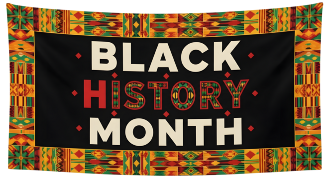 Black history month tapestry with african print border celebrating heritage and culture isolated on transparent background