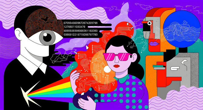 Abstract illustration of digital consciousness, data flow, and human-computer interaction