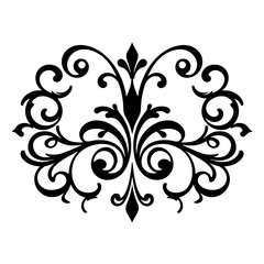Ornate black floral design, symmetrical and elegant, featuring swirling leaves and delicate details.