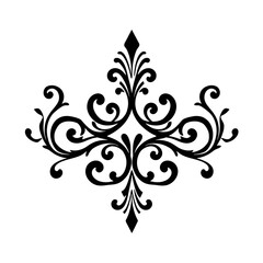 Ornate black and white flourish design with symmetrical swirls and diamond-shaped accents on a white background.