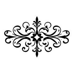 Ornate symmetrical flourish design element with curls and pointed ends, isolated on a white background.