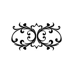 An elegant black ornate design featuring symmetrical floral and leaf elements.