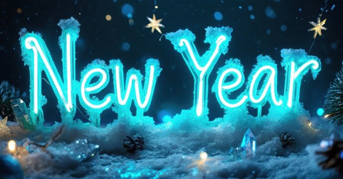 Bright neon New Year text sits atop snowy landscape. Festive lights sparkle, creating winter holiday mood. - Powered by Adobe