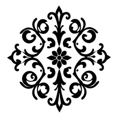Symmetrical floral design with swirling flourishes and a central starburst, rendered in black on a white background.