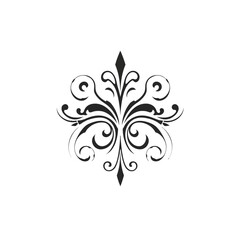 Symmetrical floral design with swirling flourishes and a central starburst, rendered in black on a white background.