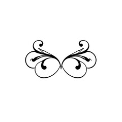 Symmetrical floral flourish design with swirling lines, leaves, and elegant curves in black on a white background.