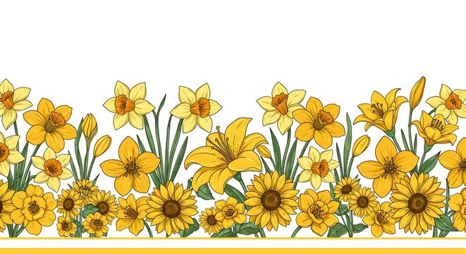 Floral border of yellow flowers daffodils lilies and sunflowers design