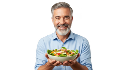 Smiling mature man holding a fresh healthy salad bowl full of nutrients and goodness