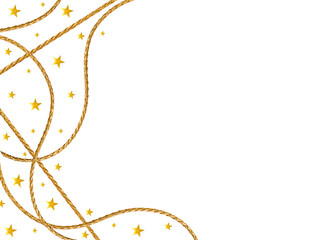 Golden braided rope with scattered golden stars on white background. Elegant festive border design with copy space for greeting cards, invitations, or holiday banners.